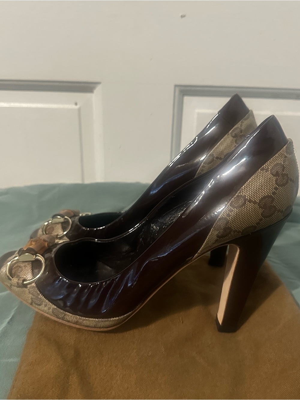 Gucci Brown and Tan Peep-Toe Heels with Bamboo Accent - Picture 3 of 8
